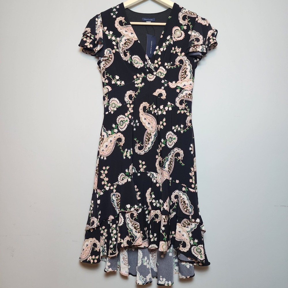 Tommy Hilfiger Paisley Floral High-Low Ruffle Faux Wrap Dress Navy Size 6
